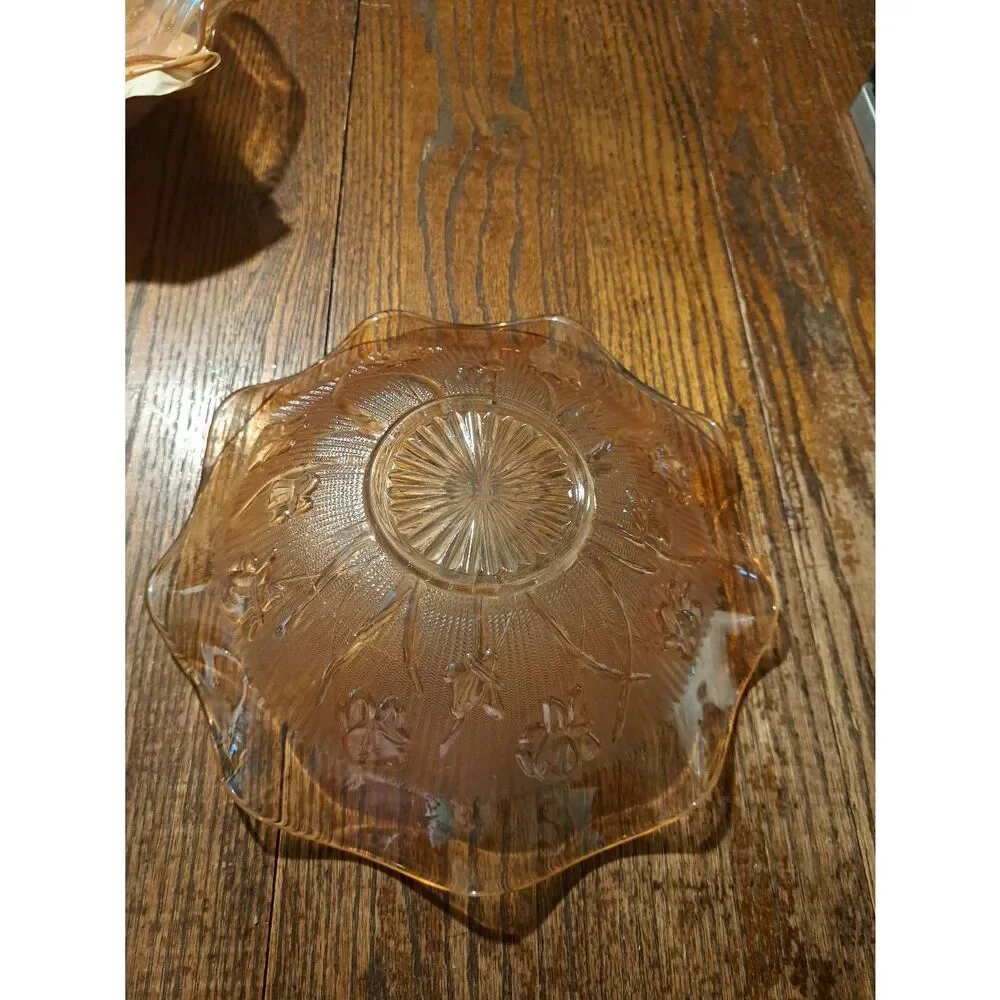 Vintage Jeanette Iris Herringbone Marigold Carnival Glass Ruffled Serving Bowl